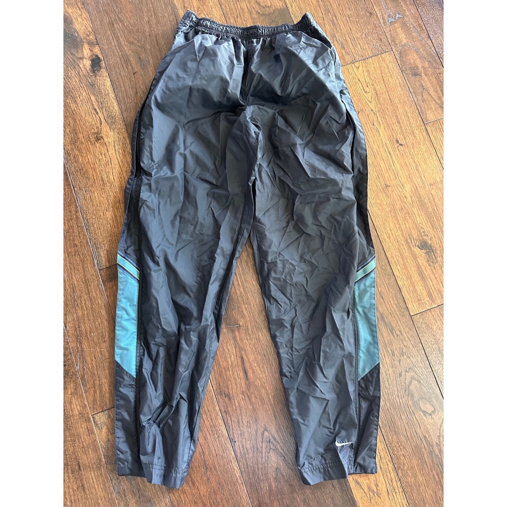 Nike Vintage Windbreaker Track Pants Black Teal Blue Side Stripe Large 12-14